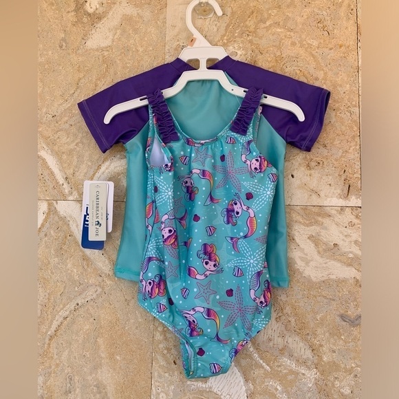 Caribbean Joe Girl’s Swimsuit With Short Sleeve Rash Guard Set 2-T - Picture 2 of 9